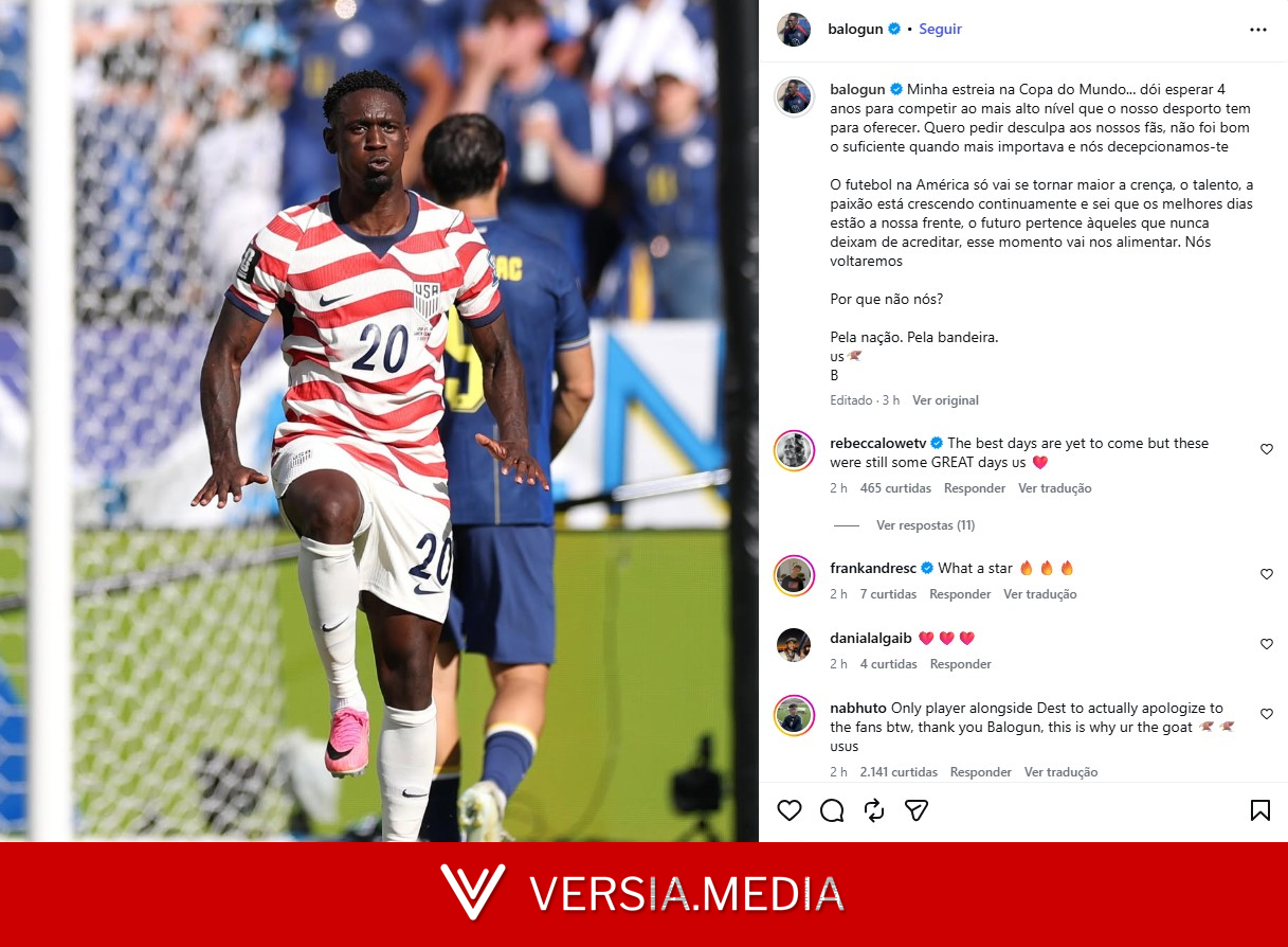 Balogun pede desculpas pela eliminação dos EUA na Copa: 'Decepcionamos vocês'