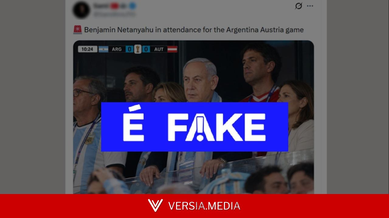 É #FAKE foto de Benjamin Netanyahu na arquibancada de Argentina x Áustria na Copa do Mundo; imagem foi feita com IA