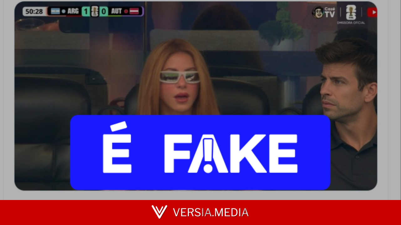 É #FAKE que foto mostre Shakira com Piqué na arquibancada de Argentina x Áustria na Copa; imagem foi manipulada por IA