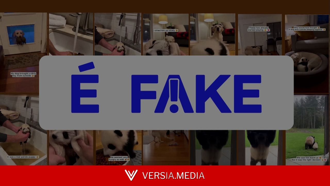 É #FAKE vídeo de cachorro entrando em casa com filhote de panda na boca; cena foi criada com inteligência artificial